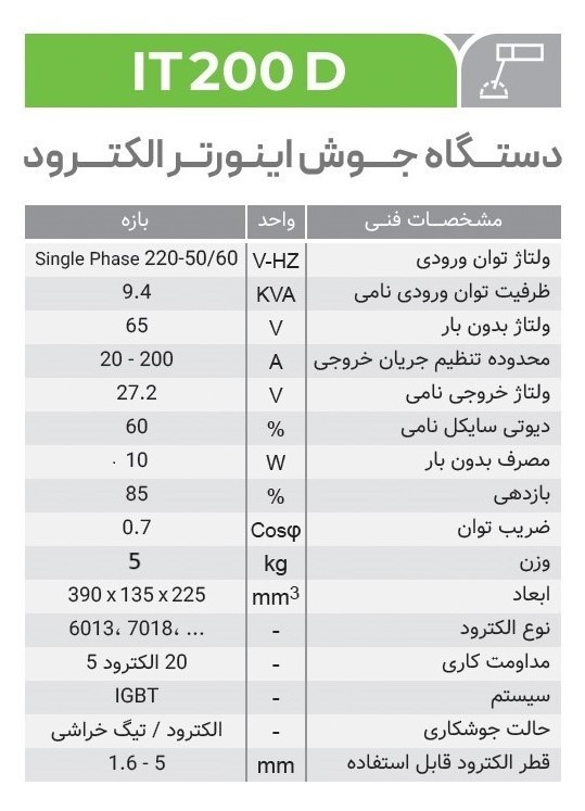 دستگاه جوش اینورتر ایران ترانس مدل IT200D ظرفیت ۲۰۰ آمپر