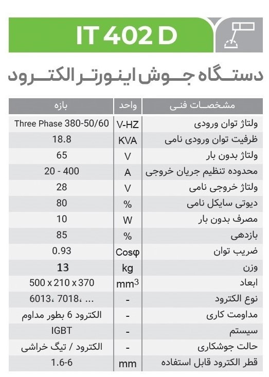 it 402 D دستگاه جوش اینورتر الکترود (سه فاز) ایران ترانس