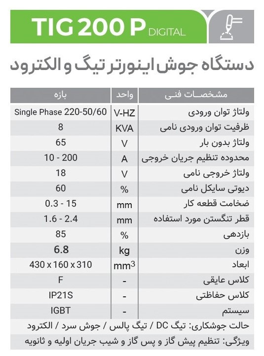 دستگاه جوش اینورتر تیگ و الکترود TIG 200 P Digital ایران ترانس