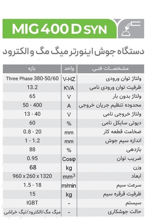 دستگاه جوش اینورتر میگ مگ و الکترود MIG 400D ایران ترانس