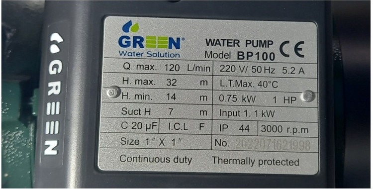 پمپ آب گرین مدل BP100 تک فاز ظرفیت ۱ اسب