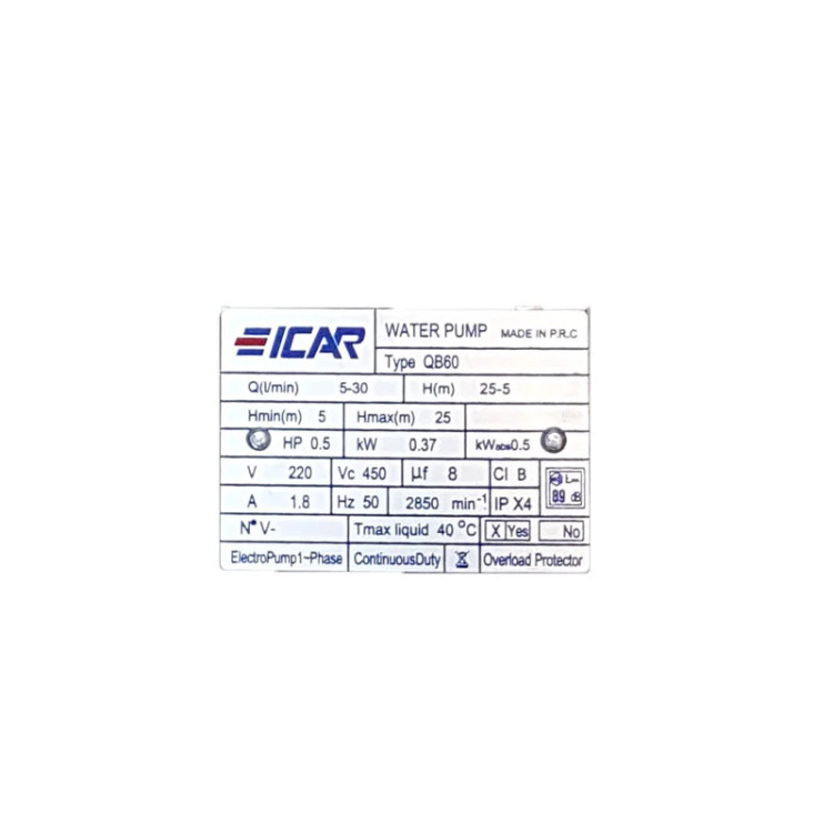 پمپ آب نیم اسب ایکار مدل QB60 تک فاز